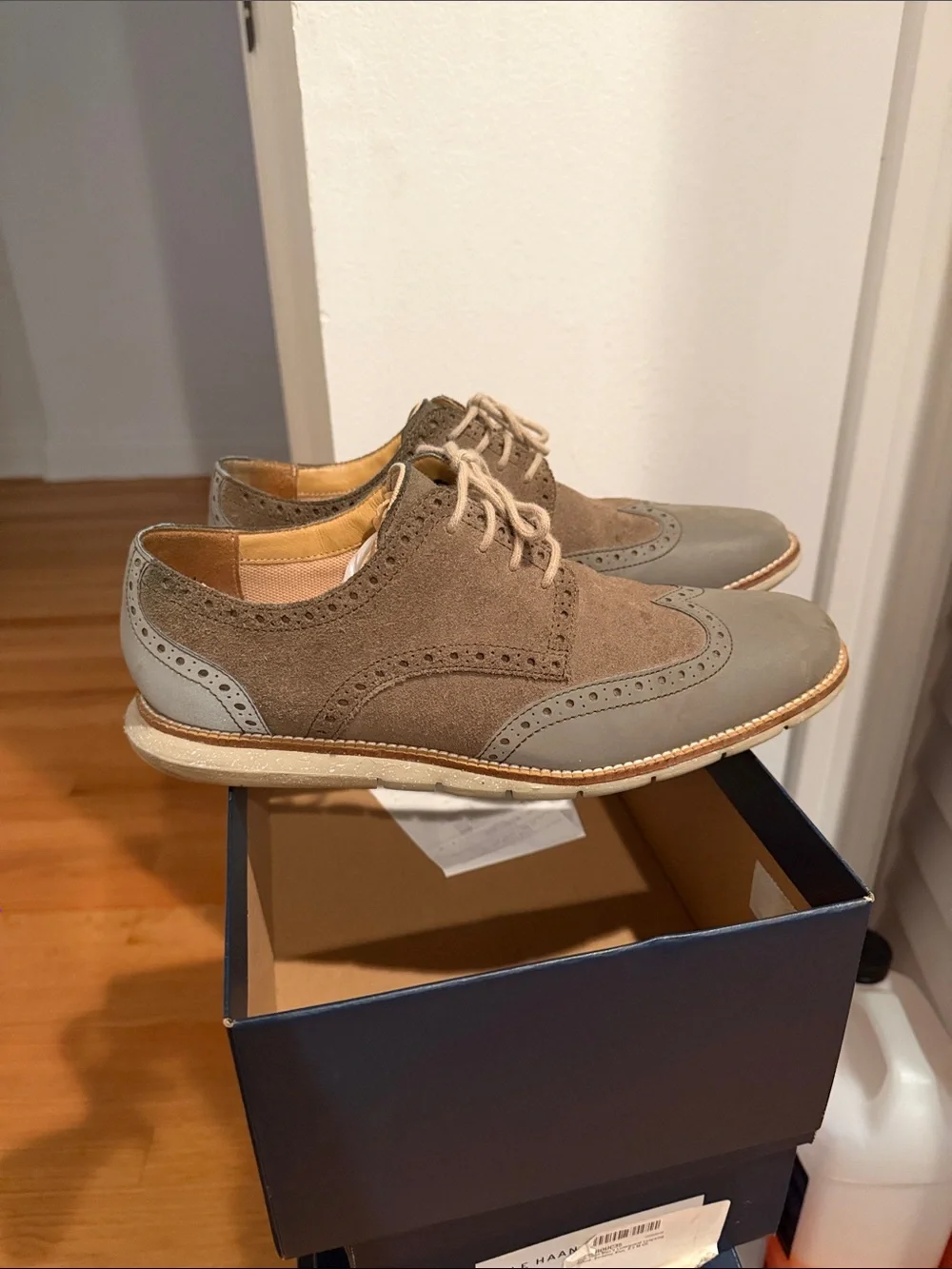 Cole Haan Two-Tone Wingtip Oxfords in Taupe and Light Gray